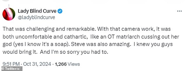 Fans praised Nancy's performance as Sam's mother, with one person replying in the social media thread: 'That was challenging and remarkable'