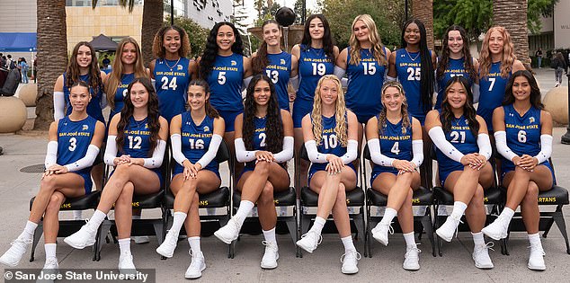 San Jose State University Women's Volleyball is pictured. Fleming sits at the far left front