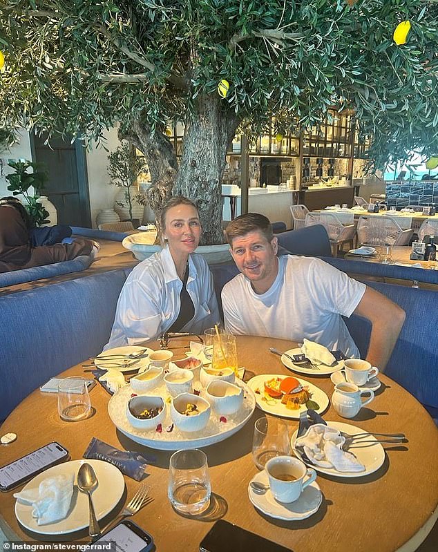 Steven Gerrard and his wife Alex enjoy a meal together at a Greek restaurant in Saudi Arabia