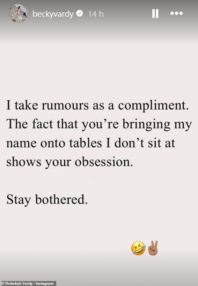 Rebekah shared a text reading: “I take rumors as a compliment. The fact that you bring my name to tables that I don't sit at shows your obsession. Stay bothered'