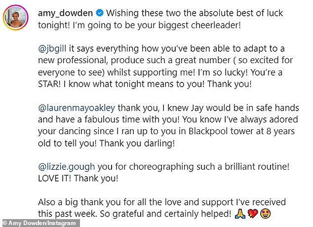 On Saturday, Amy shared a photo of Lauren and JB on Instgarm and wrote in the caption, “Wishing these two the best of luck tonight! I'm going to be your biggest cheerleader!'