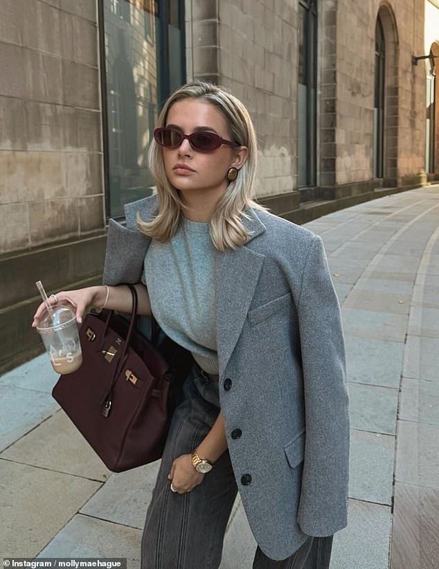 Since her divorce from Tommy Fury, Molly-Mae has been working on her clothing line, Maebe (pictured in one of the jackets, along with the same Hermes bag)