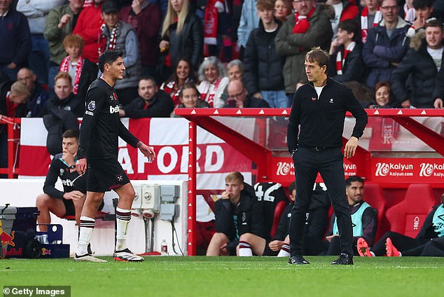 West Ham boss Julen Lopetegui (right) was pictured looking at Alvarez after he was sacked