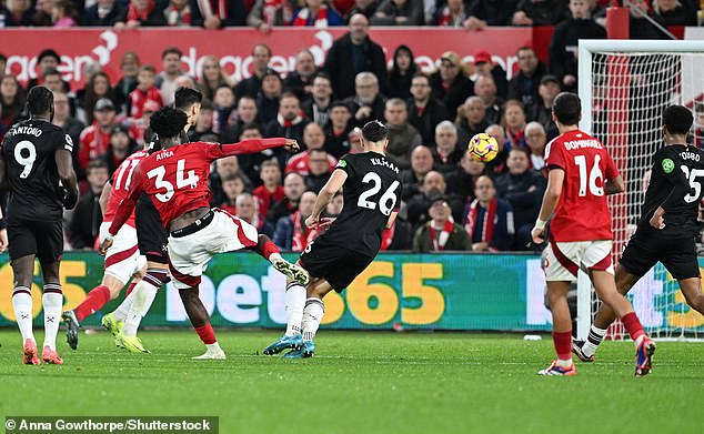 No. 34 Ola Aina made it 3-0 for Forest in the 78th minute with a powerful strike from long range