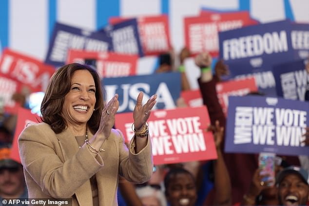 U.S. Vice President and Democratic presidential candidate Kamala Harris acknowledges the crowd during a campaign rally in Charlotte, North Carolina, on November 2, 2024