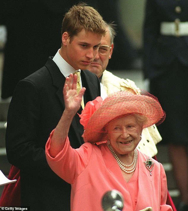 Prince William, left, accompanies his great-grandmother the Queen Mother as she waves after attending a thanksgiving service in 2000