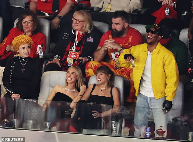 Jason pictured at last season's Super Bowl, cheering on Travis in the same suite as Swift