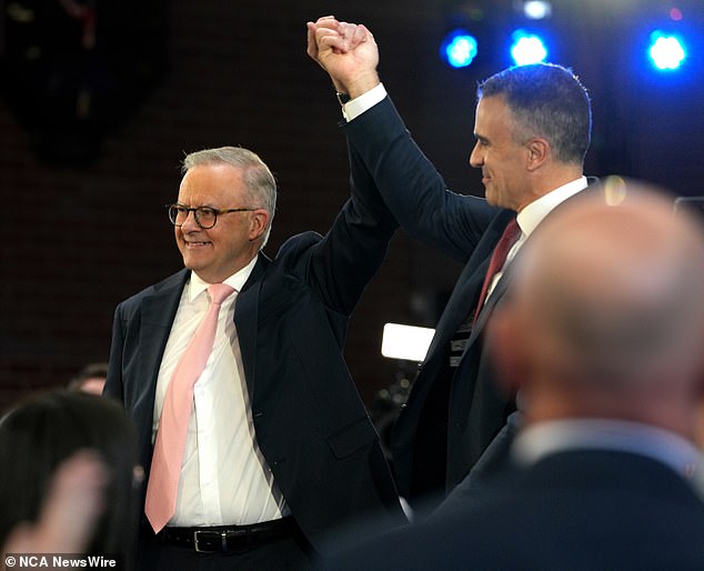 South Australian Premier Peter Malinauskas (right) introduces the Prime Minister (left) to the Labor faithful during a campaign rally in Adelaide on Sunday