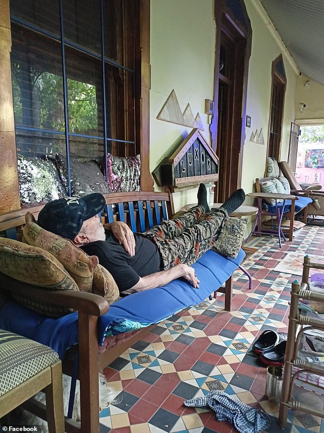 In another photo, Meldrum is bearded and lies on a pillow on the back porch with a slender hand across his chest for what appears to be a daytime nap.