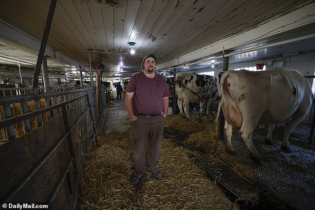 Austin Vandertie, 25, is a multi-generational farmer in Brussels, Wisconsin, a town in southern Door County where dairy farms and grain silos dot the landscape.