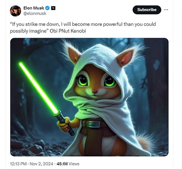 Even Musk got in on the action, sharing an AI-generated image of a squirrel holding a Star Wars lightsaber and an accompanying Peanut-related wordplay