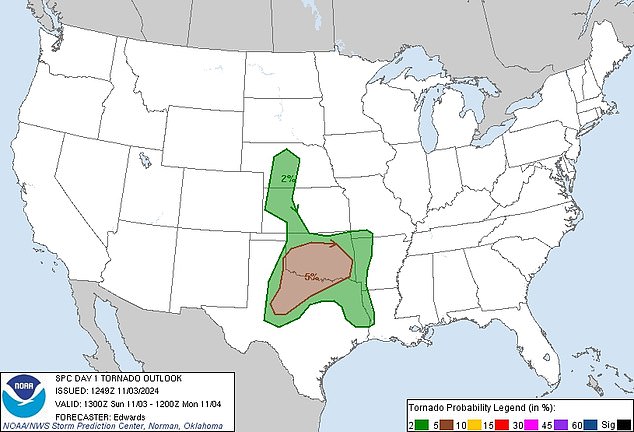 This chart from NOAA provides a probability outlook for tornadoes to form in the areas mentioned above