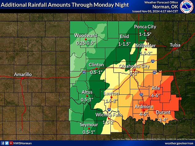 This chart, compiled from NWS forecast data, shows the possible amount of rain certain areas in Oklahoma could experience through Monday evening