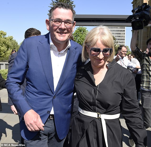 Mr Andrews (pictured with his wife) received the medal on Sunday for his 'outstanding contribution' to building ties between Australia and Israel and supporting the Jewish community