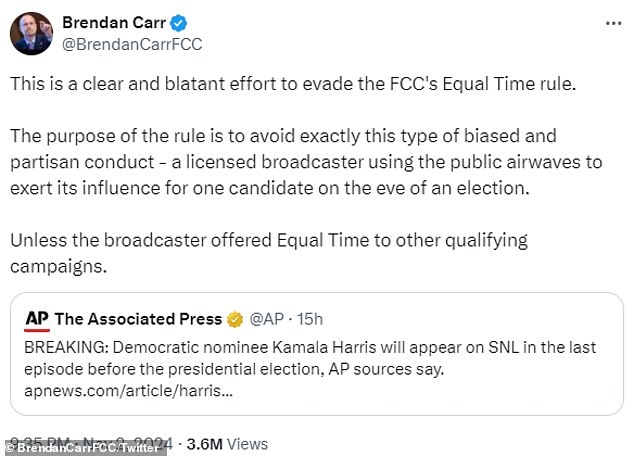 Brendan Carr, the top Republican commissioner at the Federal Communications Commission, blasted the vice president's appearance on Saturday Night Live as a 