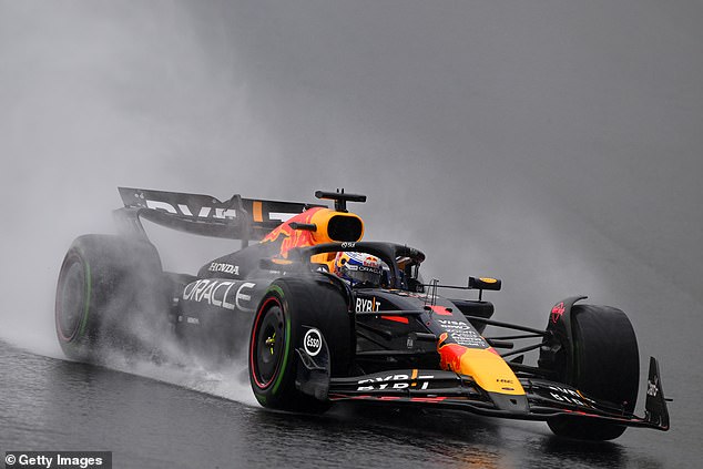 Spray pictured flying off Verstappen's car during Sunday's wet Brazilian Grand Prix