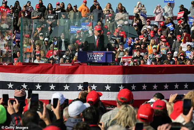 Trump gathered in Litiz, Pennsylvania, on Sunday morning and spoke for several minutes about the bulletproof glass in front of him