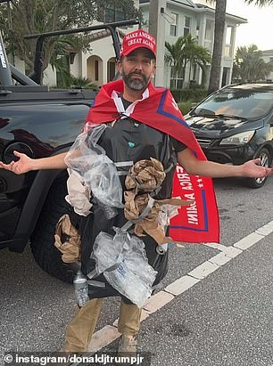 Donald Trump Jr. poses in his unorthodox costume to hit back at Joe Biden for calling Trump supporters 'trash'