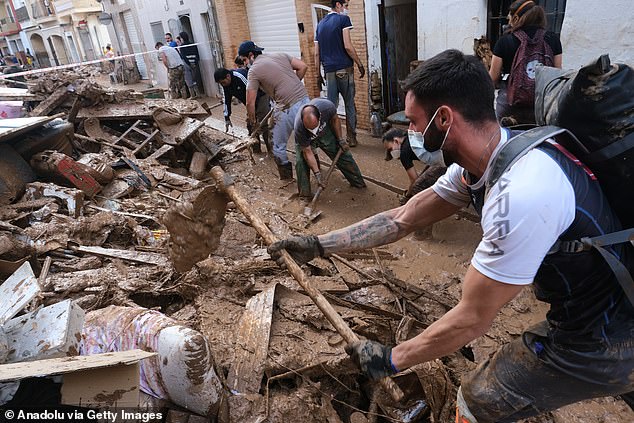 The Spanish army begins clean-up operations after the deadly floods in the Valencian city of Paiporta, Spain on November 3, 2024