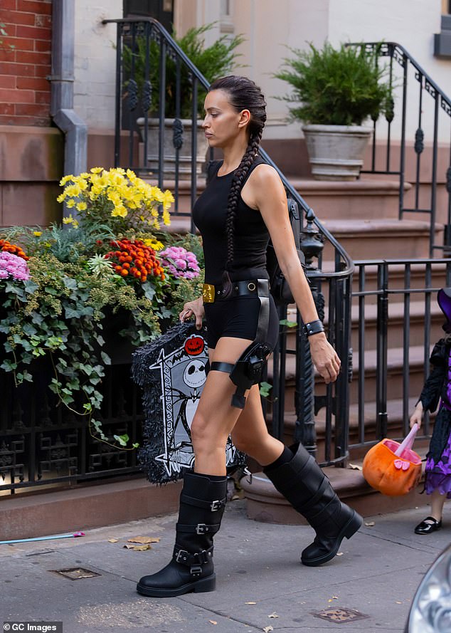 Irina was spotted in New York City with a tomb-shaped pinata featuring Jack Skellington