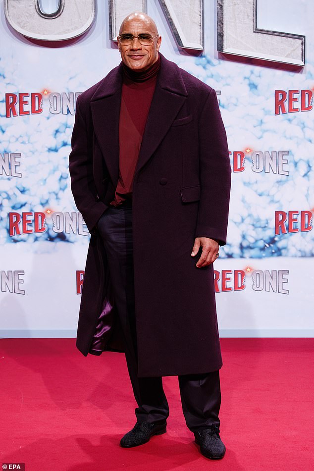 Actor and former wrestler Dwayne, 52, also made a fashion statement in a plum maxi coat and matching trousers, paired with a maroon turtleneck