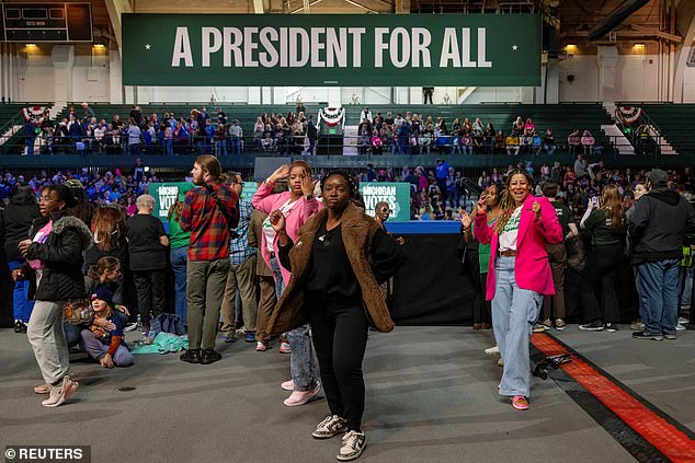 Harris rallied students from Michigan State University, days after he rallied students from the University of Michigan. They gathered at the Jenison Field House, where Magic Johnson once powered the Spartans