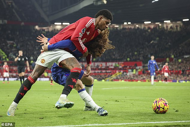 Marcus Rashford pictured (left) being stopped by Chelsea defender Marc Cucurella (right)