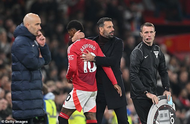 Rashford, who started on the left, was replaced by Ruud van Nistelrooy (second right)