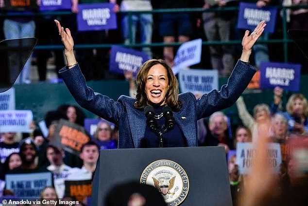 Two days after Election Day, Kamala Harris sped through four stops across the battleground state of Michigan on Sunday. She is pictured on the campus of Michigan State University in East Lansing