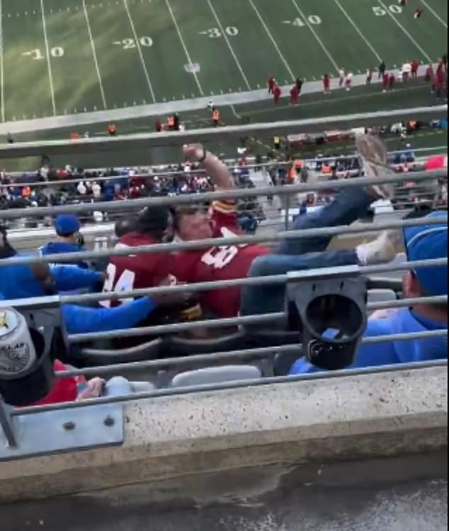 The fan fell within seconds of yelling at Giants fans to 'shut up'