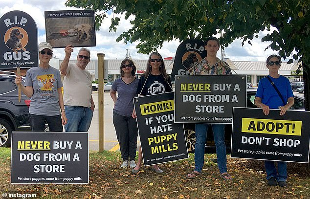 Animal welfare activists carry banners with the image of Gus, a puppy they say died in the store due to poor conditions.