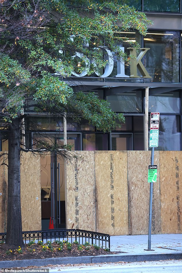 Office buildings are also boarded up in the event of political violence