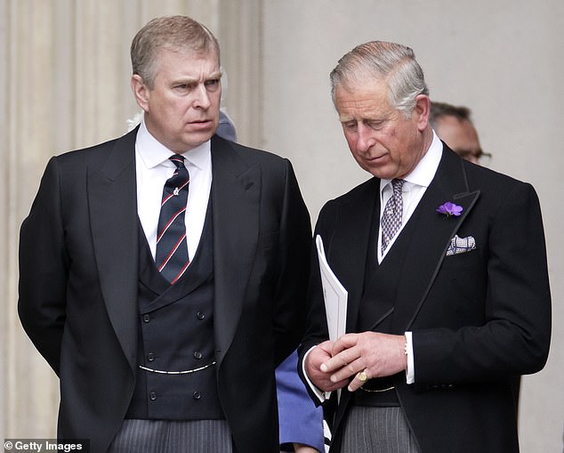 Prince Andrew and Charles attend a Thanksgiving service celebrating Queen Elizabeth II's Diamond Jubilee in June 2012