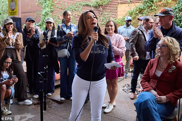 She was joined by stars including Eva Longoria (pictured), Rosario Dawson and Jordana Brewster in Phoenix, Arizona, for a Pachanga to the Polls event