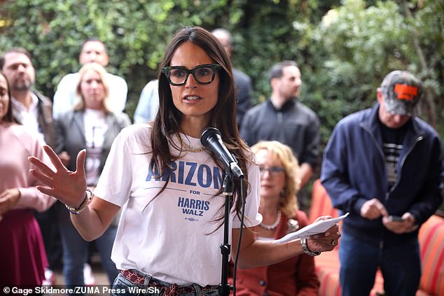 Jordana Brewster rounded out the quartet of women in a white 'Arizona for Harris–Walz' T-shirt which she wore with jeans and a statement burgundy belt