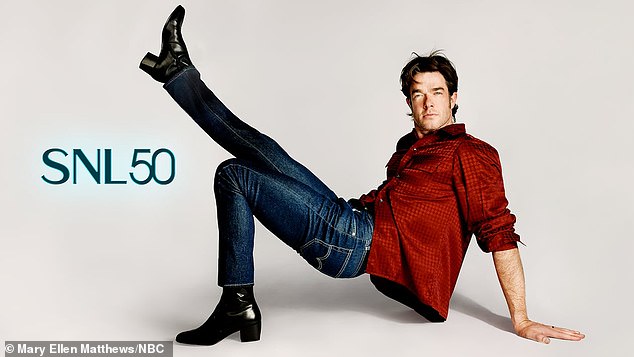 Although his didn't flash his belly like Shields did, Mulaney matched her look with the boots and posed in his rendition