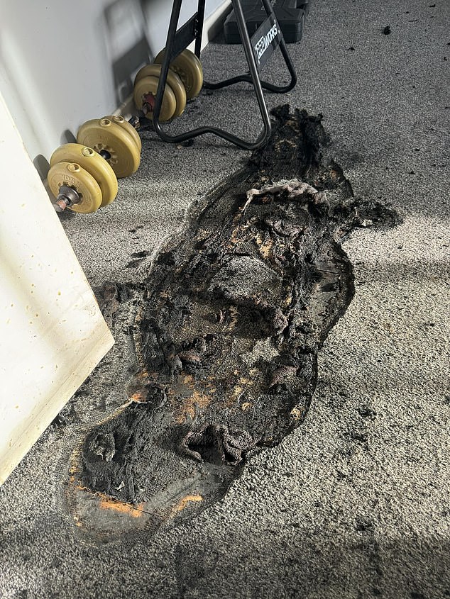 Ollie Byrne claimed Mrs Fletcher set a house fire with his dog inside, and shared shocking images of his charred carpets (pictured)