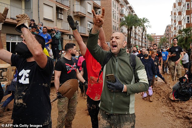 Angry residents of Paiporta shout during the visit of King Felipe VI of Spain to this city, in the Valencia region, eastern Spain, on November 3, 2024