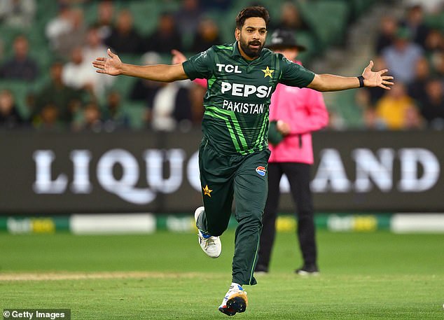 A lightning spell from Haris Rauf (pictured) saw Australia lose the wickets of Marnus Labuschagne and Glenn Maxwell in successive balls