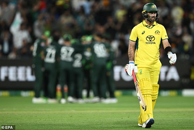 Maxwell (right) was dismissed for a duck, while opener Matthew Short was dismissed for one run