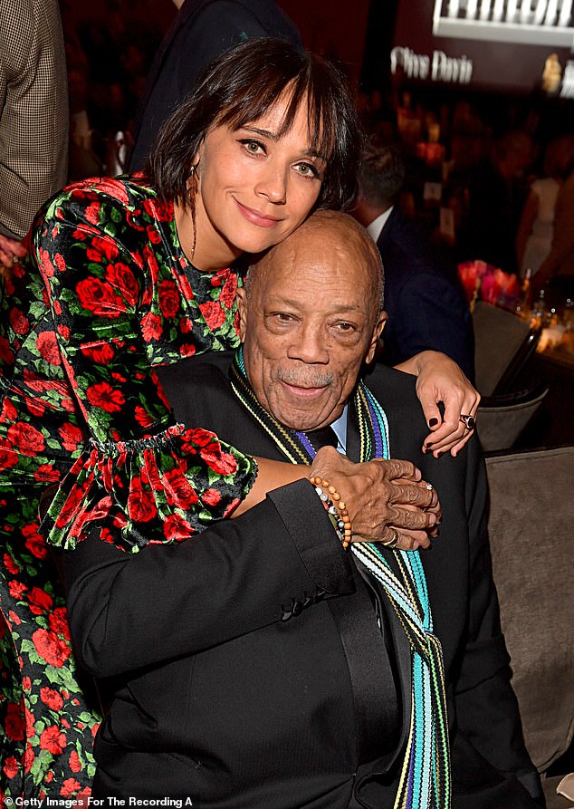 Quincy Jones with his Hollywood actress daughter Rashida Jones, who played Karen Filippelli on The Office. They are pictured at a pre-Grammy event in Beverly Hills in January 2020