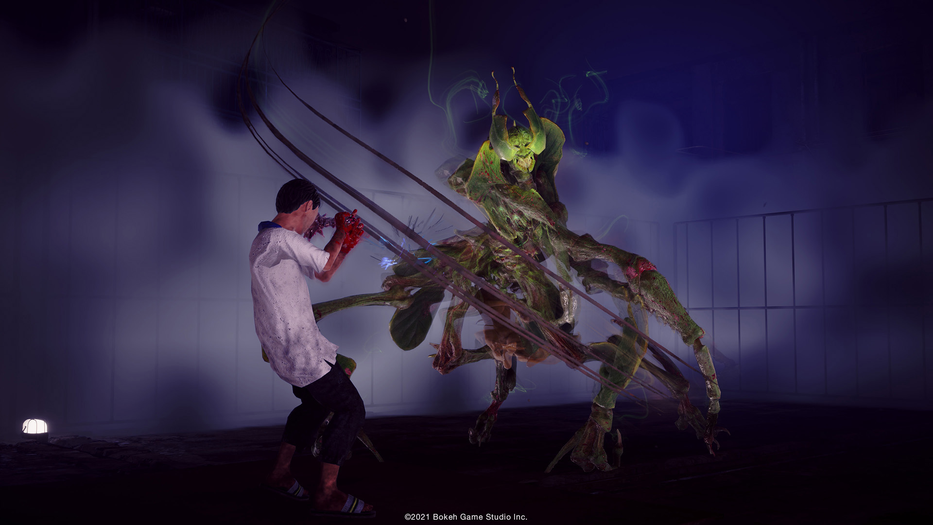 A man blocks an attack from a mantis-like creature with a club made of blood in Slitterhead.