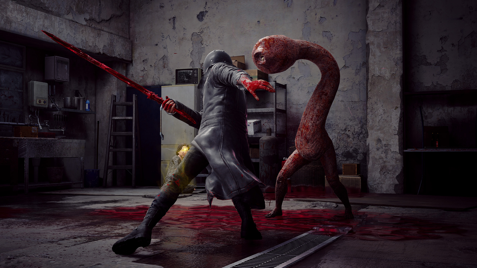 A man wearing a black trench coat and motorcycle helmet wields a sword of blood against a strange bipedal creature in Slitterhead.