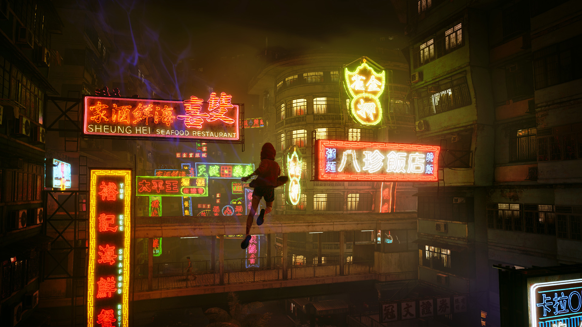 A woman in a red hoodie jumping between neon signs in Slitterhead.