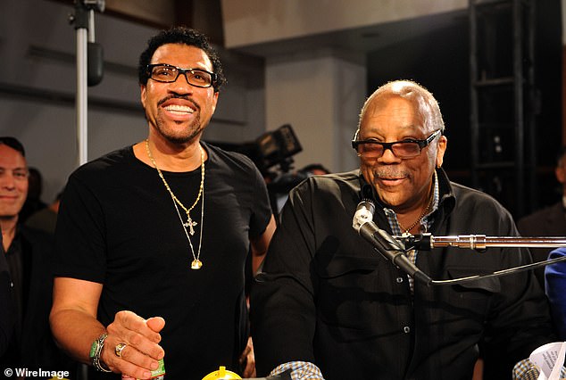 Lionel Richie and Quincy Jones during the 'We Are The World 25 Years for Haiti' recording session at Jim Henson Studios in Hollywood in February 2010