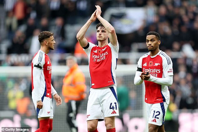 Ben White, Declan Rice and Jurrien Timber (left to right) – all signed by Edu and Arteta – pictured after Arsenal's 1-0 defeat away to Newcastle on Saturday