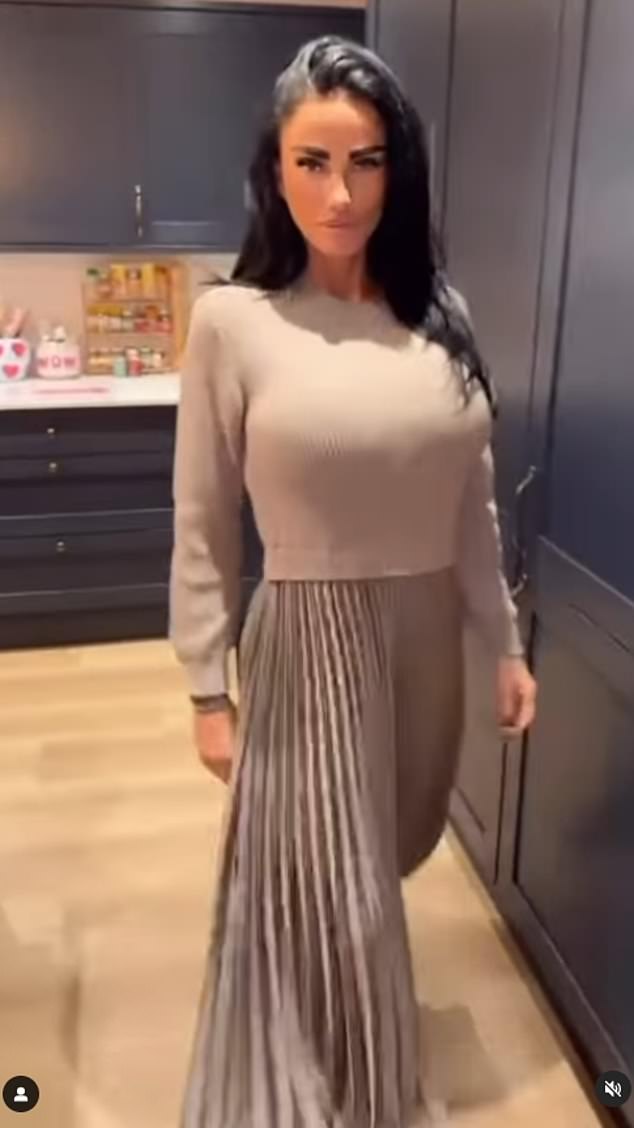 The glamor model, 46, showed off her 'stylish' transformation in a new Instagram post as she ditched her usual look for a cozy sweater dress with a pleated skirt