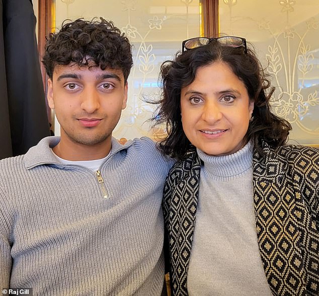 Raj Gill, 51, with her son Jeevan, 19, who is the same age as Cruz Beckham. Raj says she wouldn't be happy if he dated a woman ten years older when he himself isn't even an adult yet