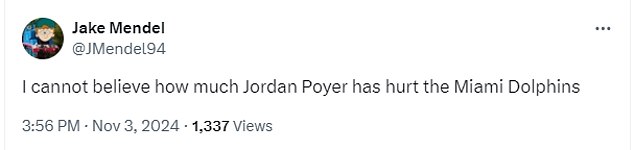 A collection of social media posts about Jordan Poyer's senseless penalty for Miami