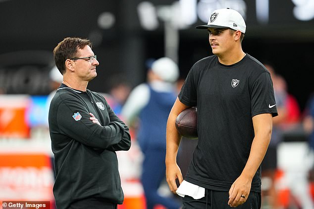 Quarterbacks coach Rich Scangarello (left, pictured with Aidan O'Connell) is also out